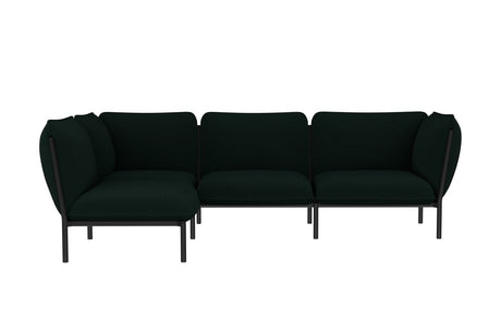 Introducing the Kumo Corner Sofa Left with Armrest: This dark green, L-shaped sectional sofa features a minimalist design with black metal legs. It includes plush cushions and is arranged in a corner layout.