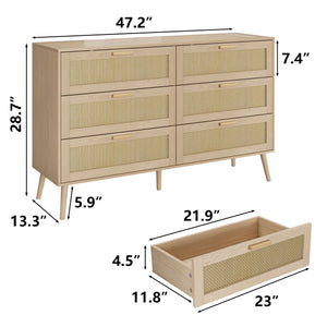 Rattan 6 Drawers Chest Of Dressers For Bedroom, Modern 6 Drawer Dresser, Wide Chest Of Drawers With Wood Handles, Rattan Dresser Storage Cabinet For Living Room, Bedroom, Hallway - Natural Wood / Oak by Couch.com