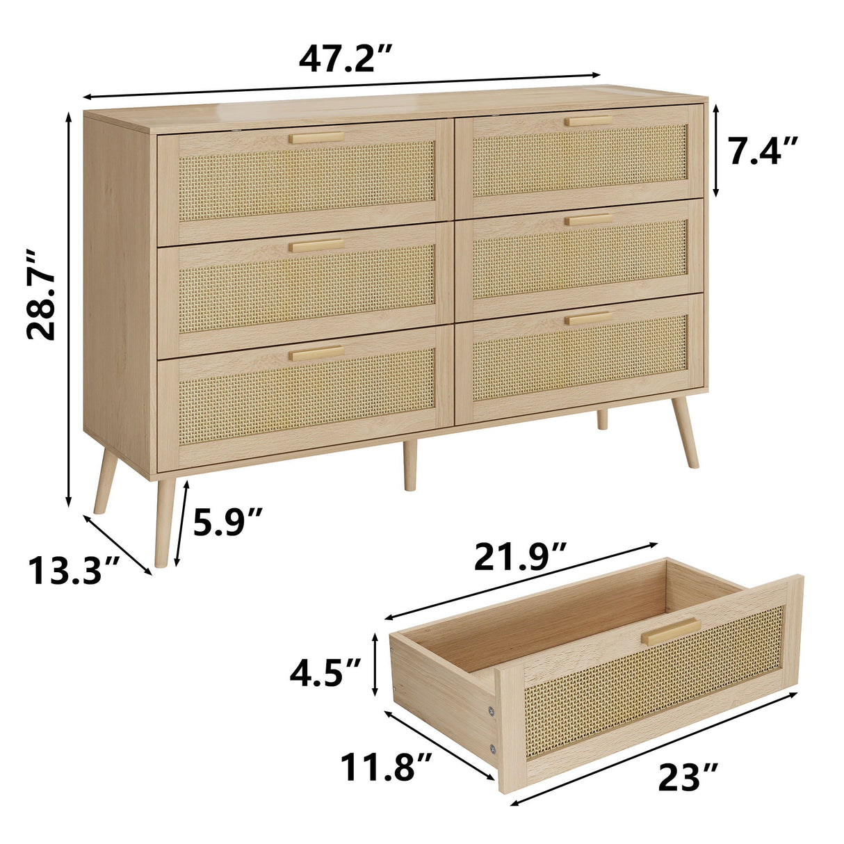 Rattan 6 Drawers Chest Of Dressers For Bedroom, Modern 6 Drawer Dresser, Wide Chest Of Drawers With Wood Handles, Rattan Dresser Storage Cabinet For Living Room, Bedroom, Hallway - Natural Wood / Oak by Couch.com