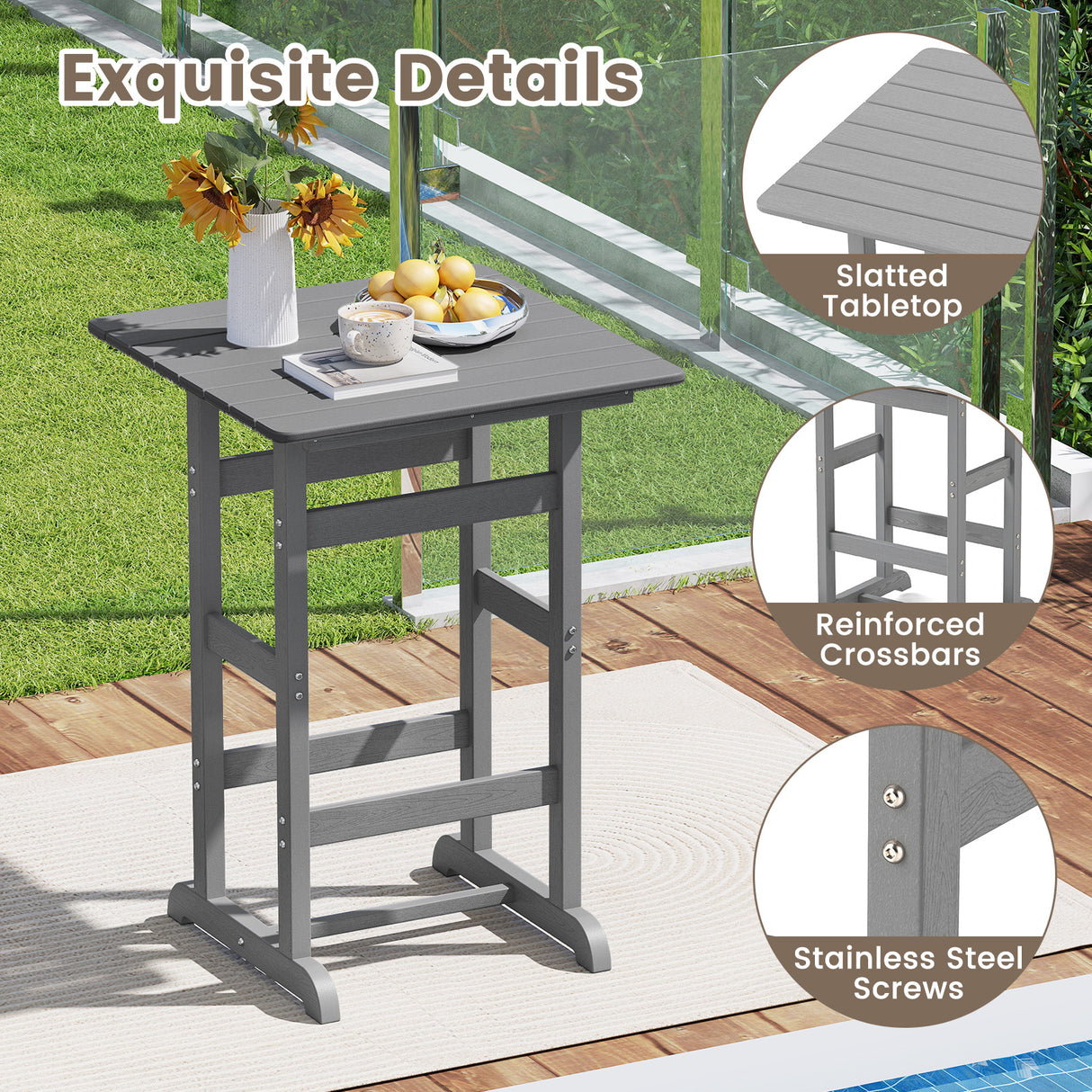 30 Inch Square Bar Table Dining Table with Slatted Tabletop for Poolside-Gray