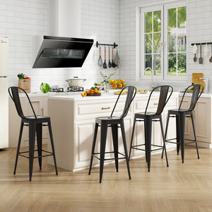 Set of 4 Bar Height Chairs Stackable Metal Bar Stools with Removable Backrest-Black