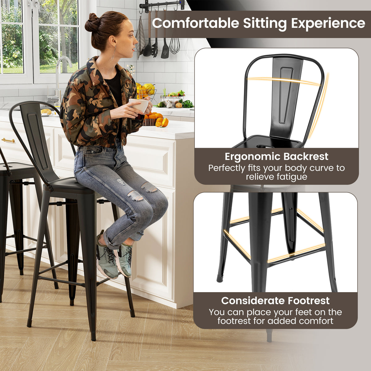Set of 4 Bar Height Chairs Stackable Metal Bar Stools with Removable Backrest-Black