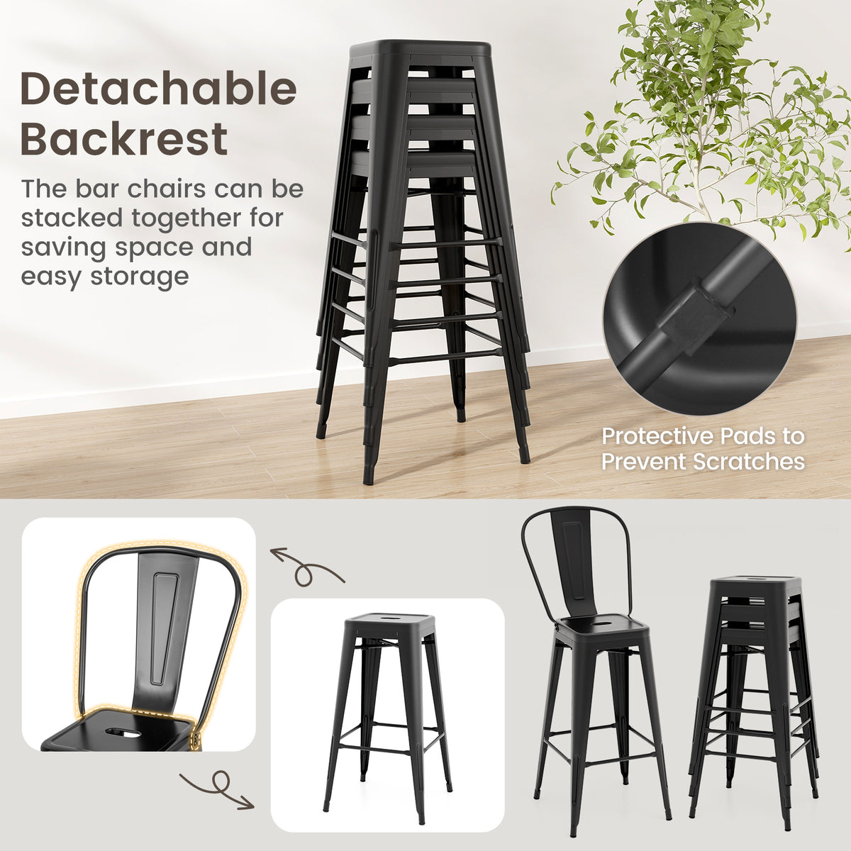 Set of 4 Bar Height Chairs Stackable Metal Bar Stools with Removable Backrest-Black