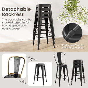 Set of 4 Bar Height Chairs Stackable Metal Bar Stools with Removable Backrest-Black