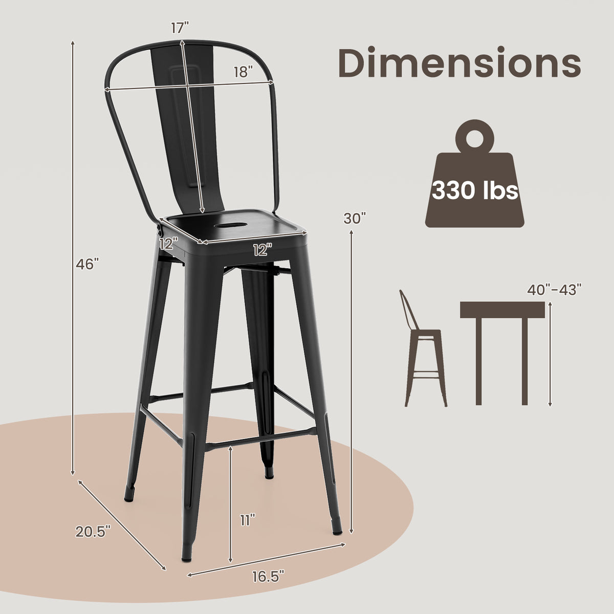 Set of 4 Bar Height Chairs Stackable Metal Bar Stools with Removable Backrest-Black