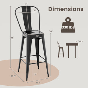 Set of 4 Bar Height Chairs Stackable Metal Bar Stools with Removable Backrest-Black