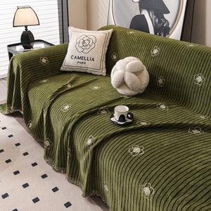 Chenille Camellia Floral Sofa Throw Cover Couch Blanket with Striped Jacquard