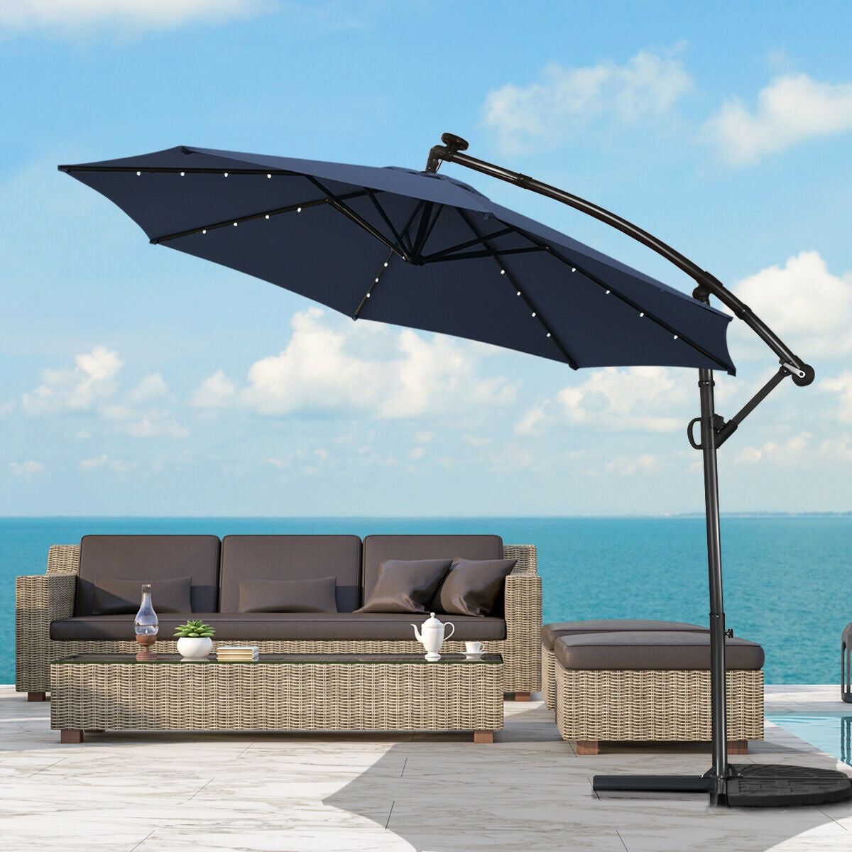 10 ft 360 ° Rotation Solar Powered LED Patio Offset Umbrella without Weight Base-Beige