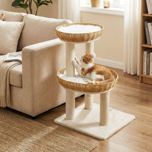 30-Inch Cat Tower with 2 Rattan Cat Baskets for Indoor Kittens-Beige