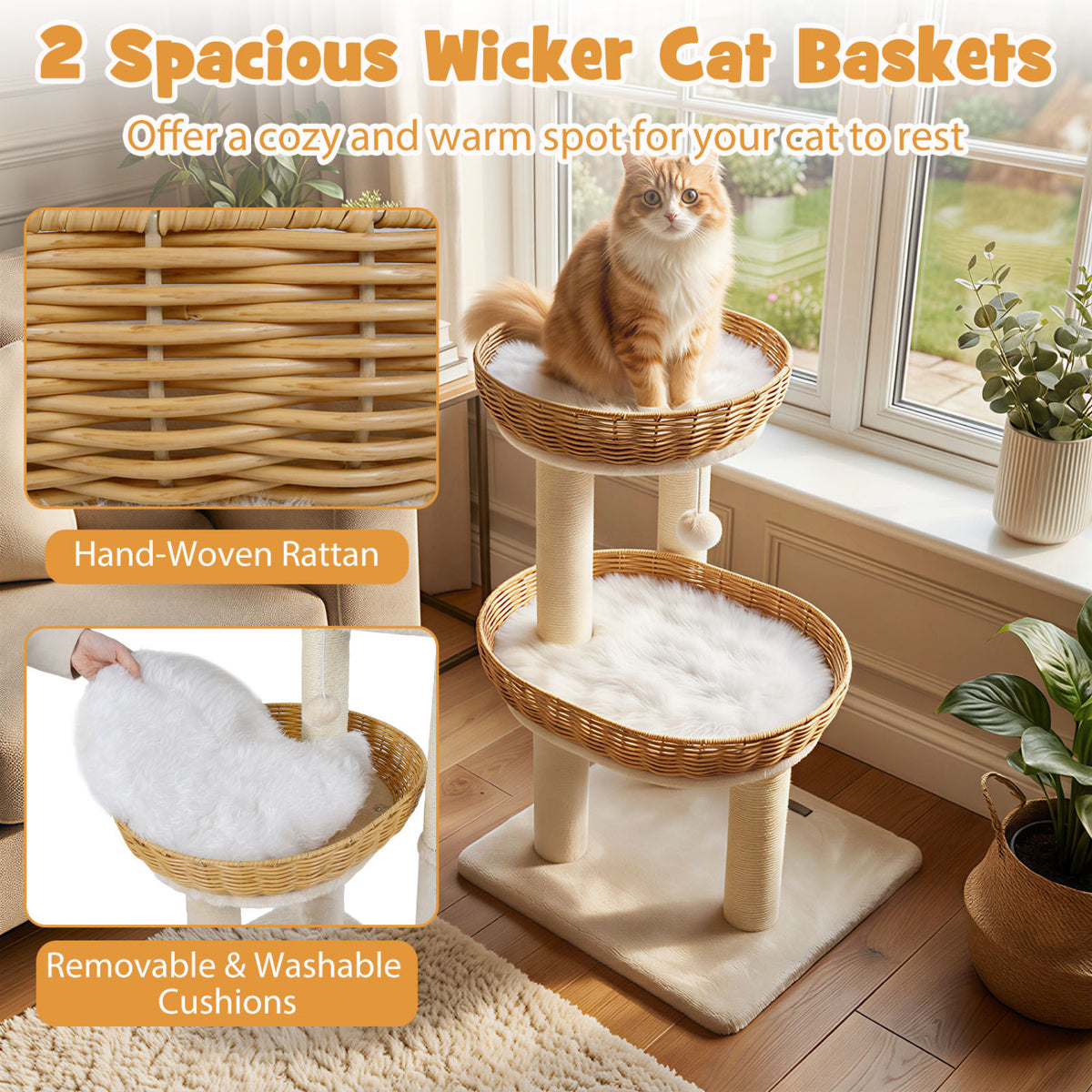 30-Inch Cat Tower with 2 Rattan Cat Baskets for Indoor Kittens-Beige