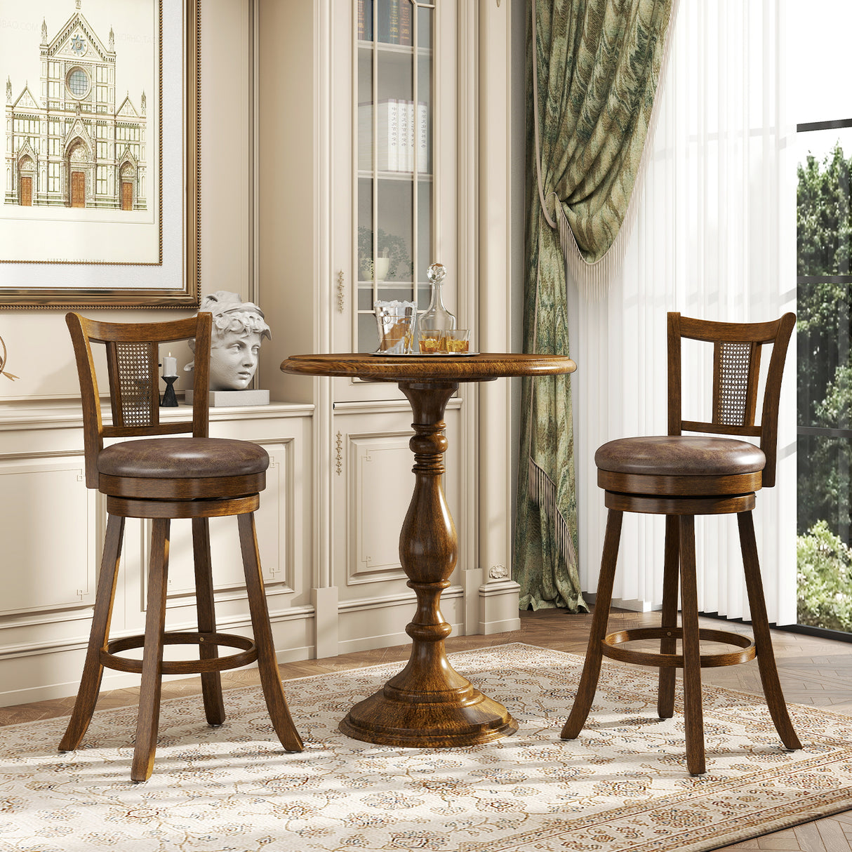 30 Inch Set of 2 Bar Stools with PE Rattan Backrest and Rubber Wood Frame-Brown