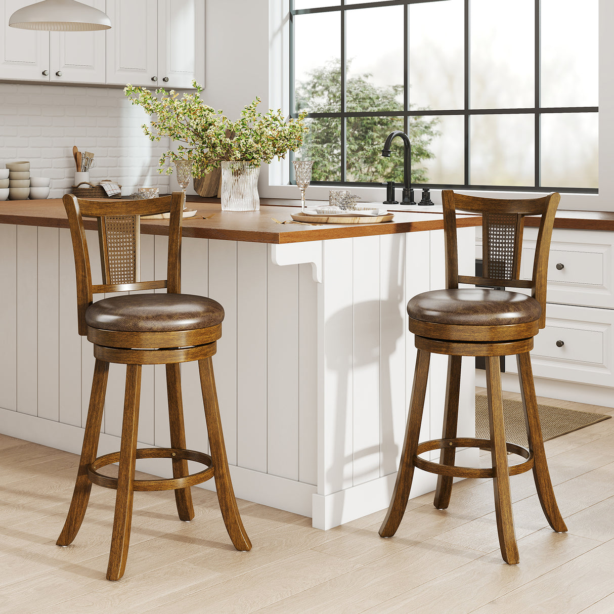 30 Inch Set of 2 Bar Stools with PE Rattan Backrest and Rubber Wood Frame-Brown