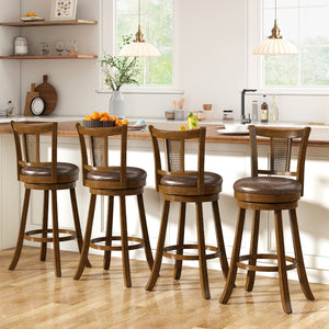 30 Inch Set of 2 Bar Stools with PE Rattan Backrest and Rubber Wood Frame-Brown