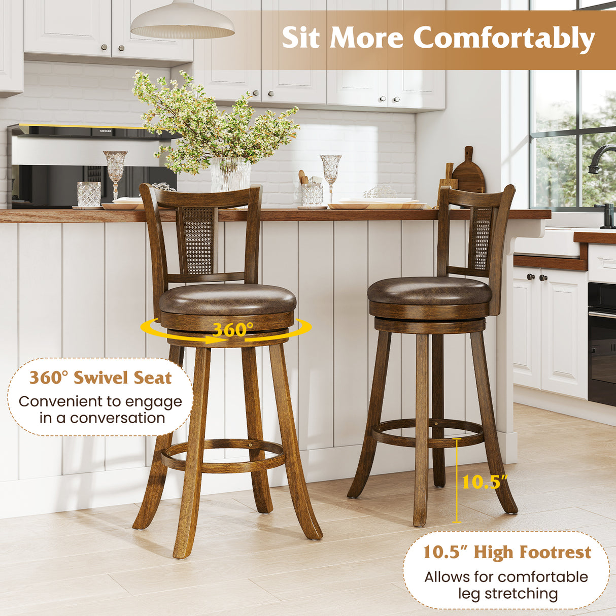30 Inch Set of 2 Bar Stools with PE Rattan Backrest and Rubber Wood Frame-Brown