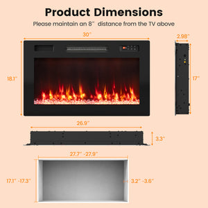 30 Inch Smart WiFi Electric Fireplace with Recessed and Wall Mounted