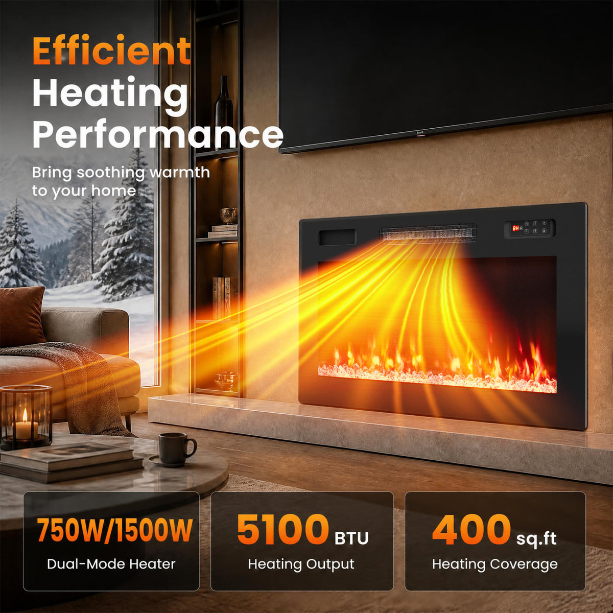 30 Inch Smart WiFi Electric Fireplace with Recessed and Wall Mounted
