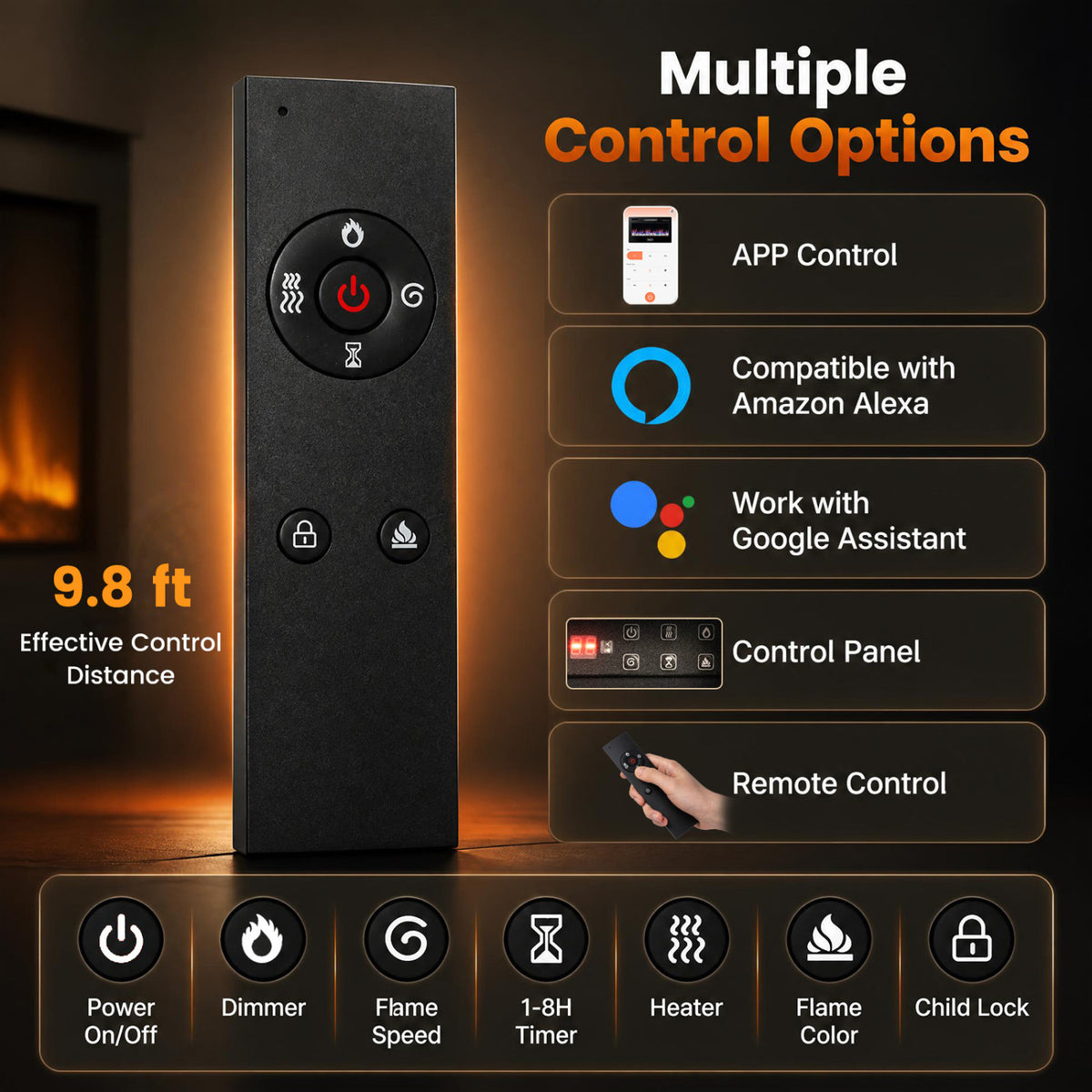 30 Inch Smart WiFi Electric Fireplace with Recessed and Wall Mounted