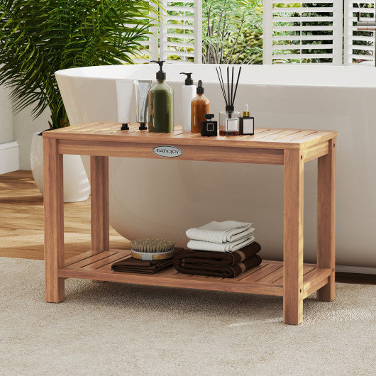 30 Inch Teak Wood Shower Bench Inside Shower Stool with Storage Shelf