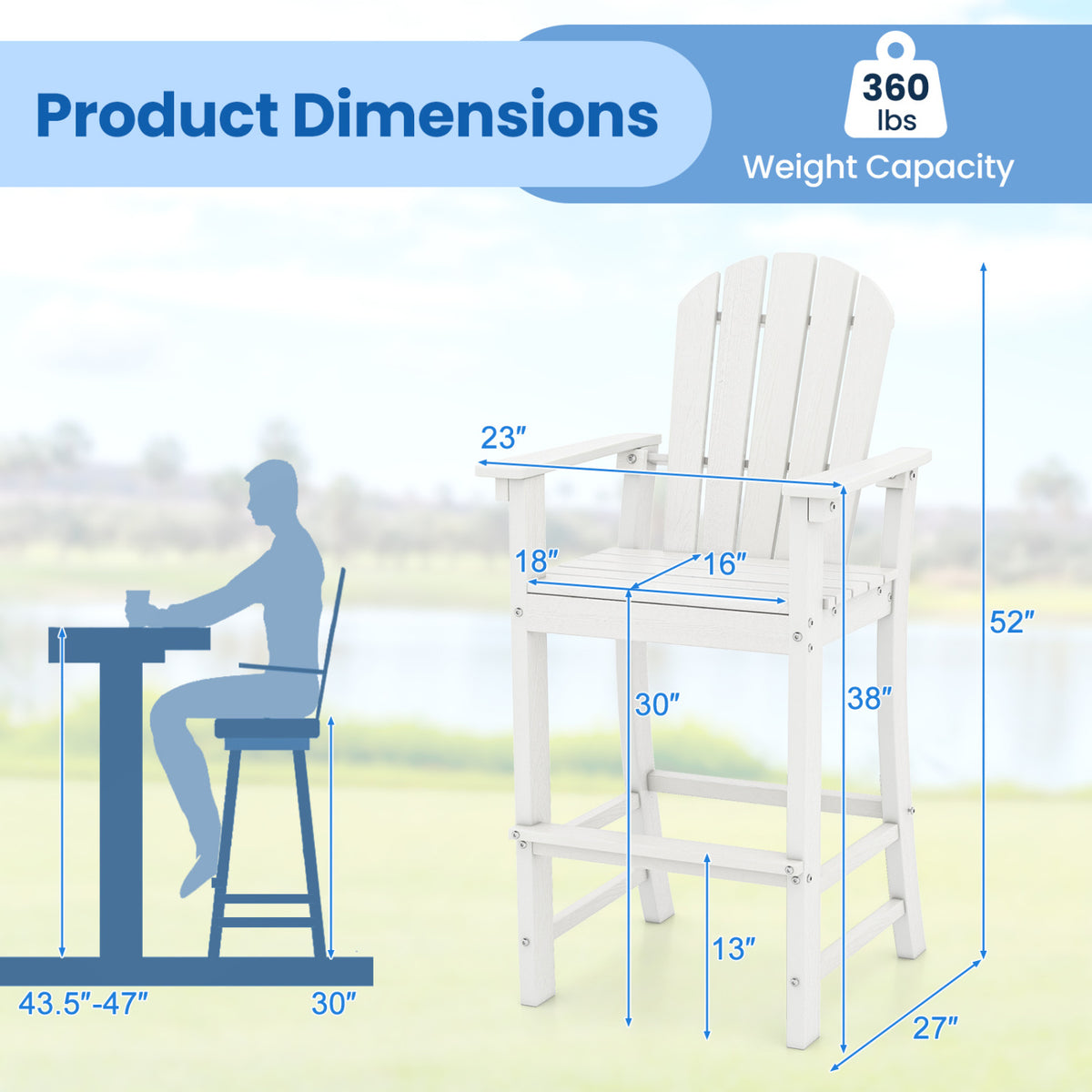30 Inches Counter Height Outdoor HDPE Bar Stool with Armrests and Footrest-White
