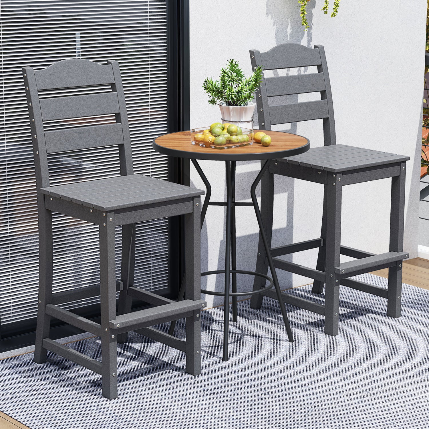 30 Inches Counter Height HDPE Bar Stool with Backrest and Footrest-Gray