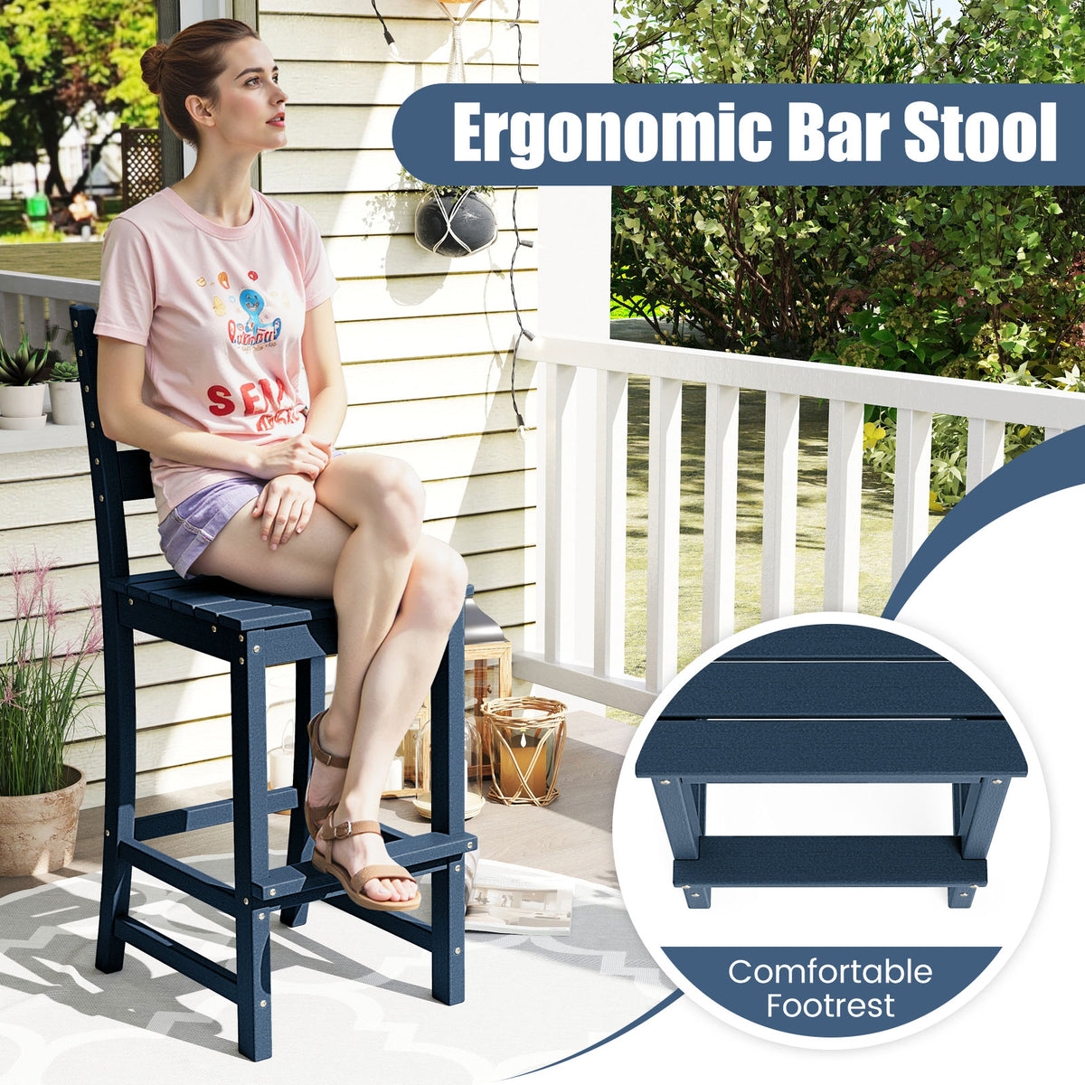 30 Inches Counter Height HDPE Bar Stool with Backrest and Footrest-Navy