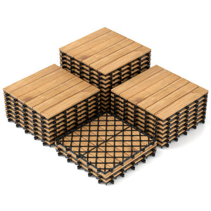 30 PCS Interlocking Deck Tiles 12 x 12 Inch Acacia Wood Patio Tiles with Straight Slats-Natural