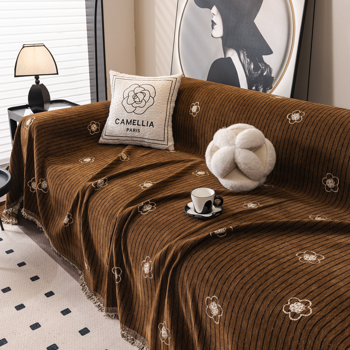 Chenille Camellia Floral Sofa Throw Cover Couch Blanket with Striped Jacquard