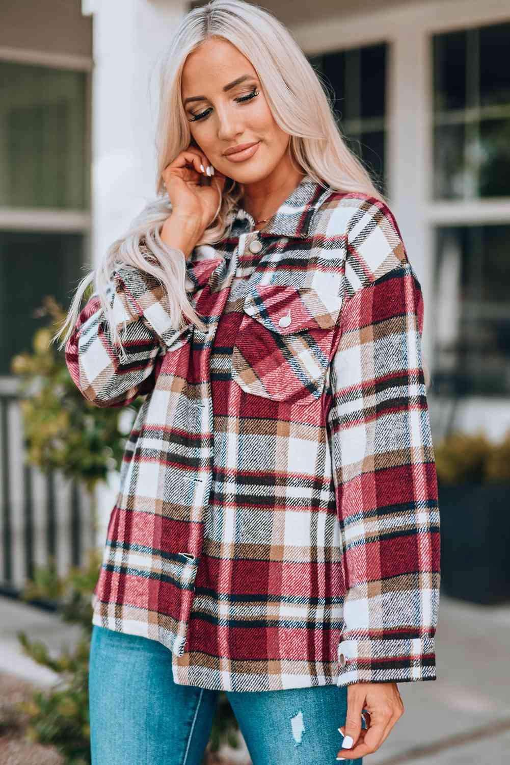Classic Plaid Button Front Shirt Jacket with Breast Pockets Casual & Minimalist Outerwear