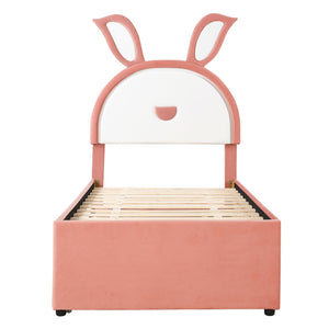 Upholstered Platform Bed With Trundle And 3 Drawers, Rabbit-Shaped Headboard With Embedded LED Lights by Couch.com