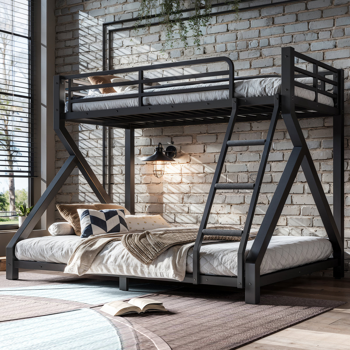 Twin over Full Bunk Bed with Ladders, Metal Bunk Bed with Upgraded Support Slats, Low Profile Bunk Bed, Black