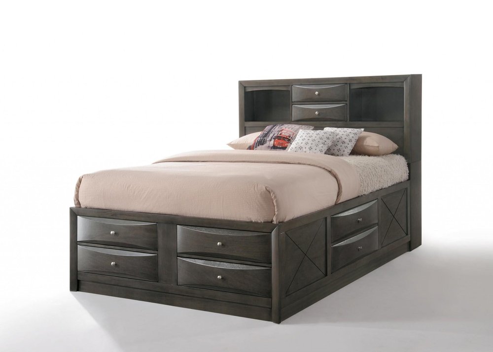 Gray Solid Wood Queen With Ten Drawers Bed Frame