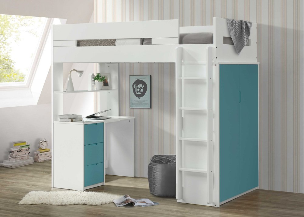 White And Natural Twin Loft Bed And Desk