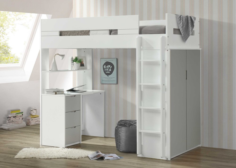 White And Natural Twin Loft Bed And Desk