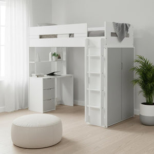 White And Natural Twin Loft Bed And Desk