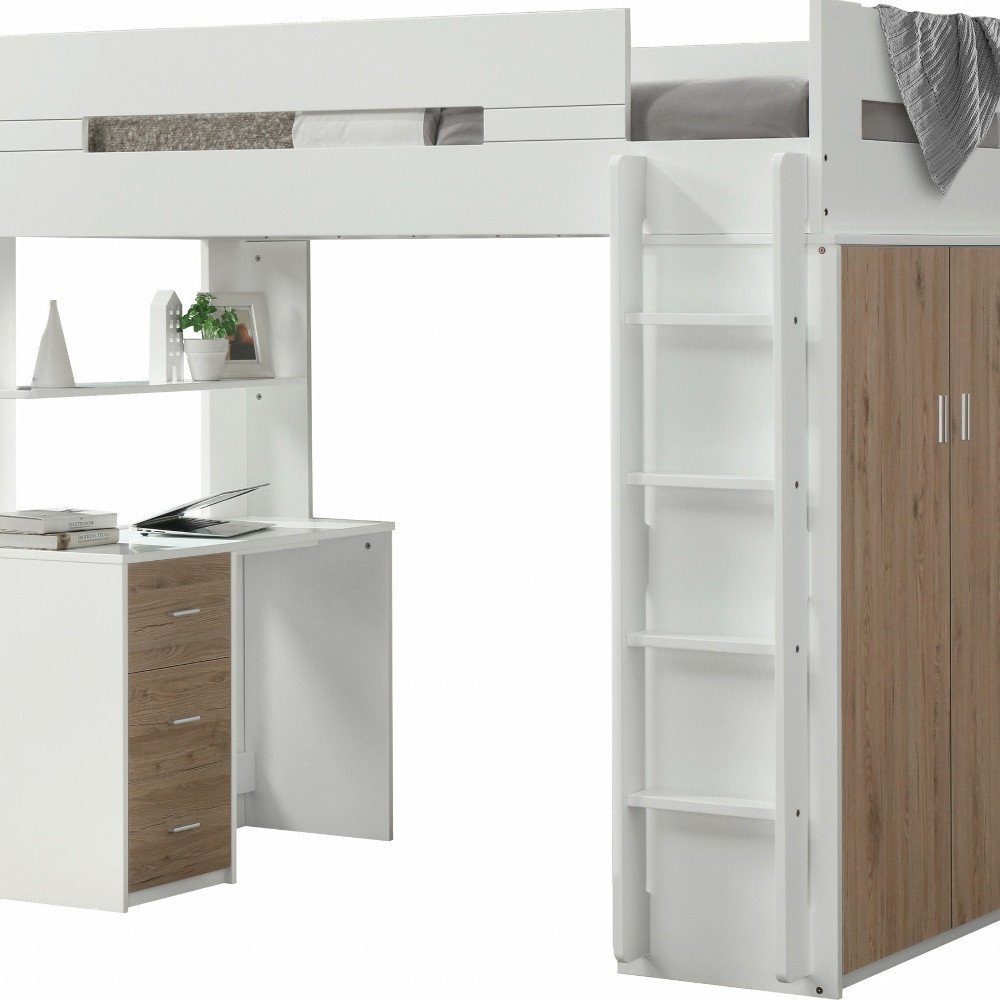 White And Natural Twin Loft Bed And Desk
