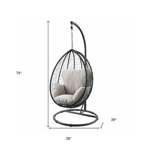 38" Black Metal Swing Chair With Beige Cushion