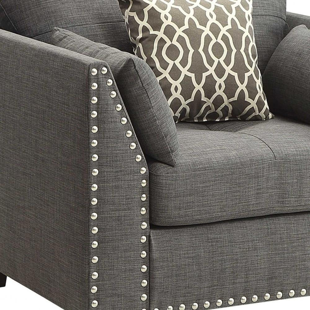 34" Charcoal and Brown Linen Arm Chair And Toss Pillows