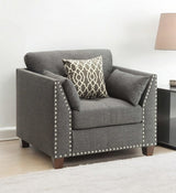 34" Charcoal and Brown Linen Arm Chair And Toss Pillows