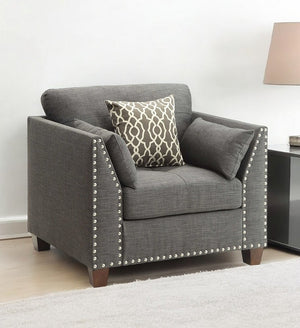 34" Charcoal and Brown Linen Arm Chair And Toss Pillows