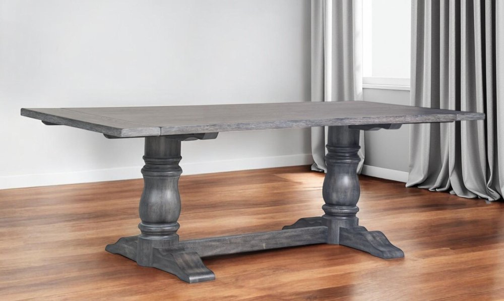 88" Light Gray And Gray Solid Wood Trestle Base Dining Table