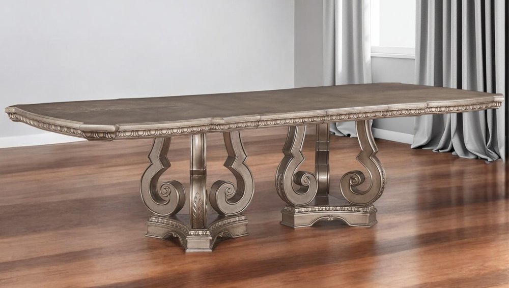 76" Champagne Solid Wood Double Pedestal Base Dining Table