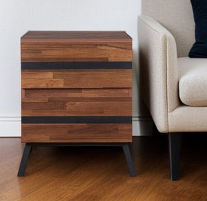 23" Black And Brown Wood And Iron End Table With Two Drawers