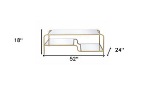 52" Clear and Gold Mirrored Glass And Iron Coffee Table With Shelf