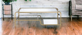 52" Clear and Gold Mirrored Glass And Iron Coffee Table With Shelf