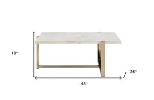 43" White and Gold Faux Marble And Iron Frame Coffee Table