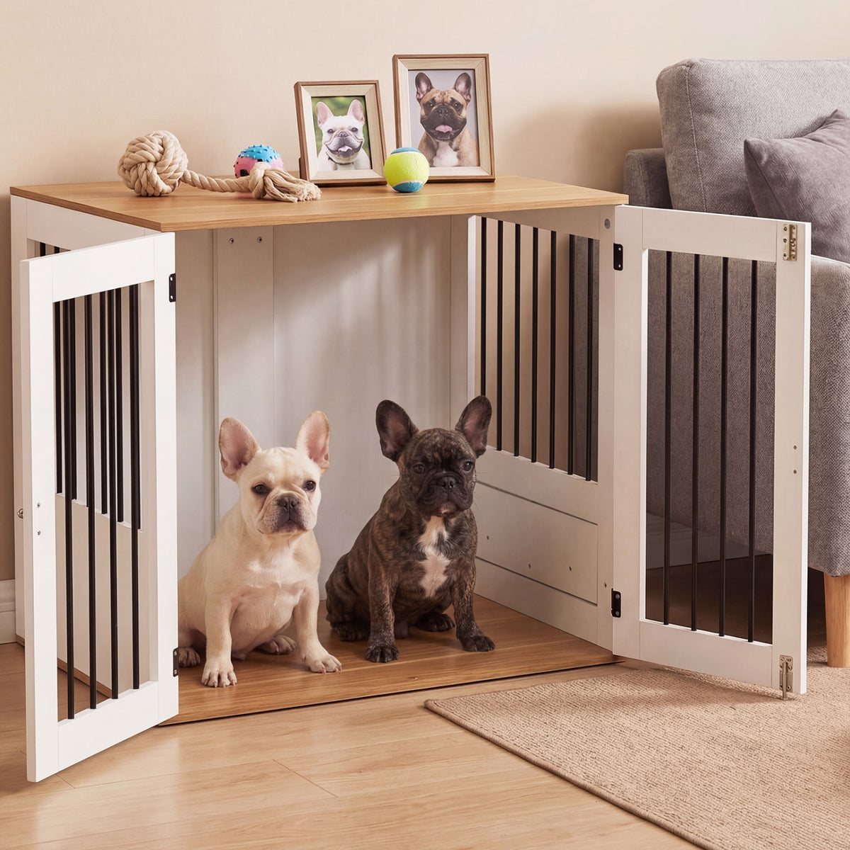 31.5â€ Dog Crate Furniture Wooden Dog Kennel with Double Lock Doors-White