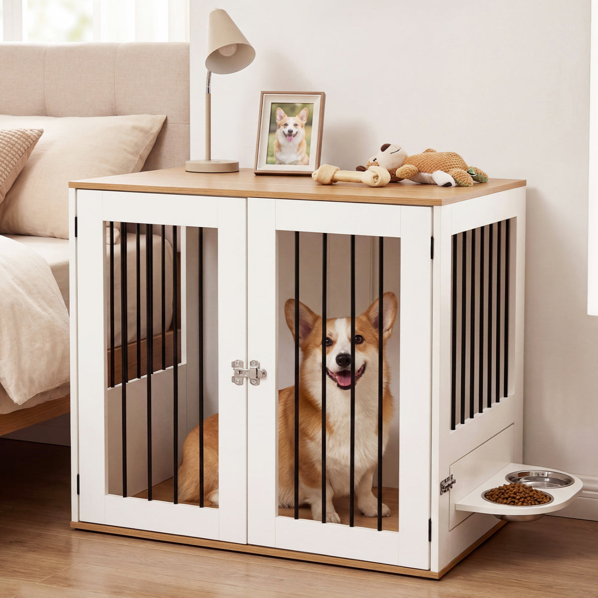 31.5â€ Dog Crate Furniture Wooden Dog Kennel with Double Lock Doors-White