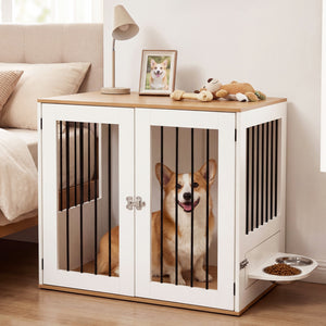 31.5â€ Dog Crate Furniture Wooden Dog Kennel with Double Lock Doors-White