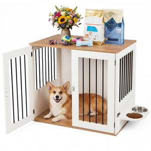31.5â€ Dog Crate Furniture Wooden Dog Kennel with Double Lock Doors-White