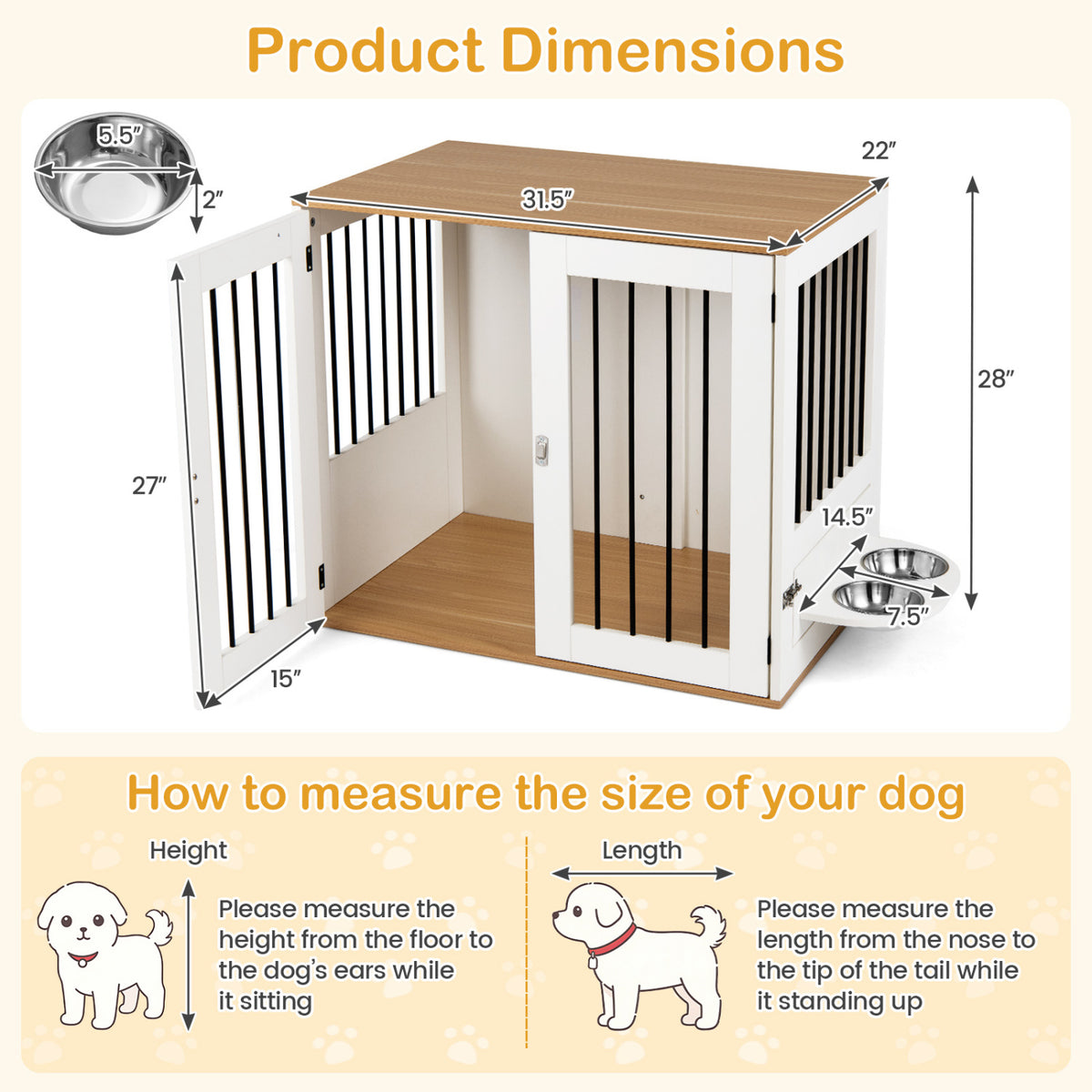 31.5â€ Dog Crate Furniture Wooden Dog Kennel with Double Lock Doors-White